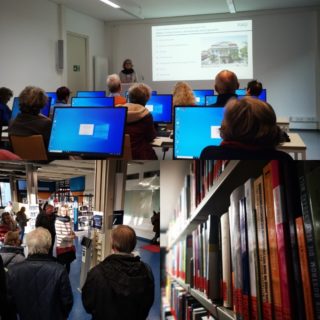 Bildcollage mit Nahaufnahme Bücherregal, Seminar im Computerraum und Führung durch die Universitätsbibliothek Erlangen